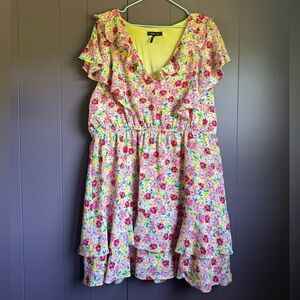 BCBG Paris Yellow Floral Ruffle Dress – Size XL
